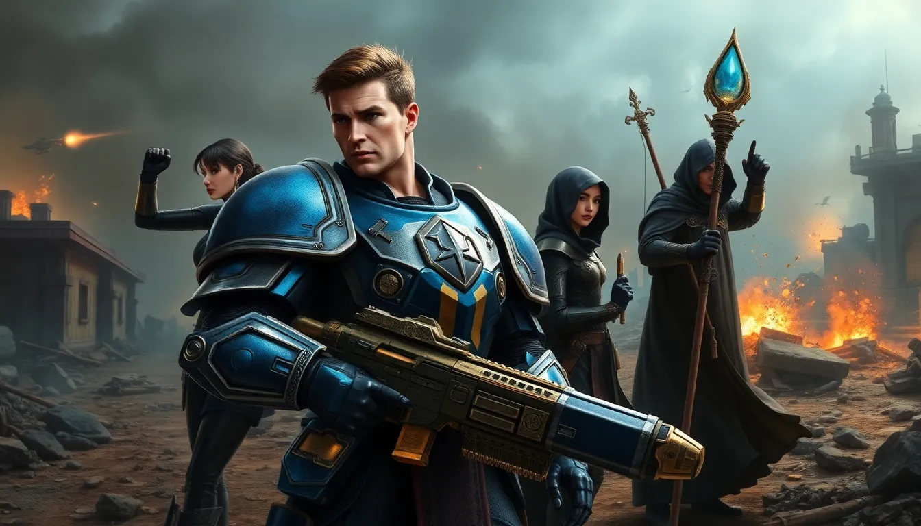 Daemonhunters in futuristic armor prepare for battle in a war-torn landscape.