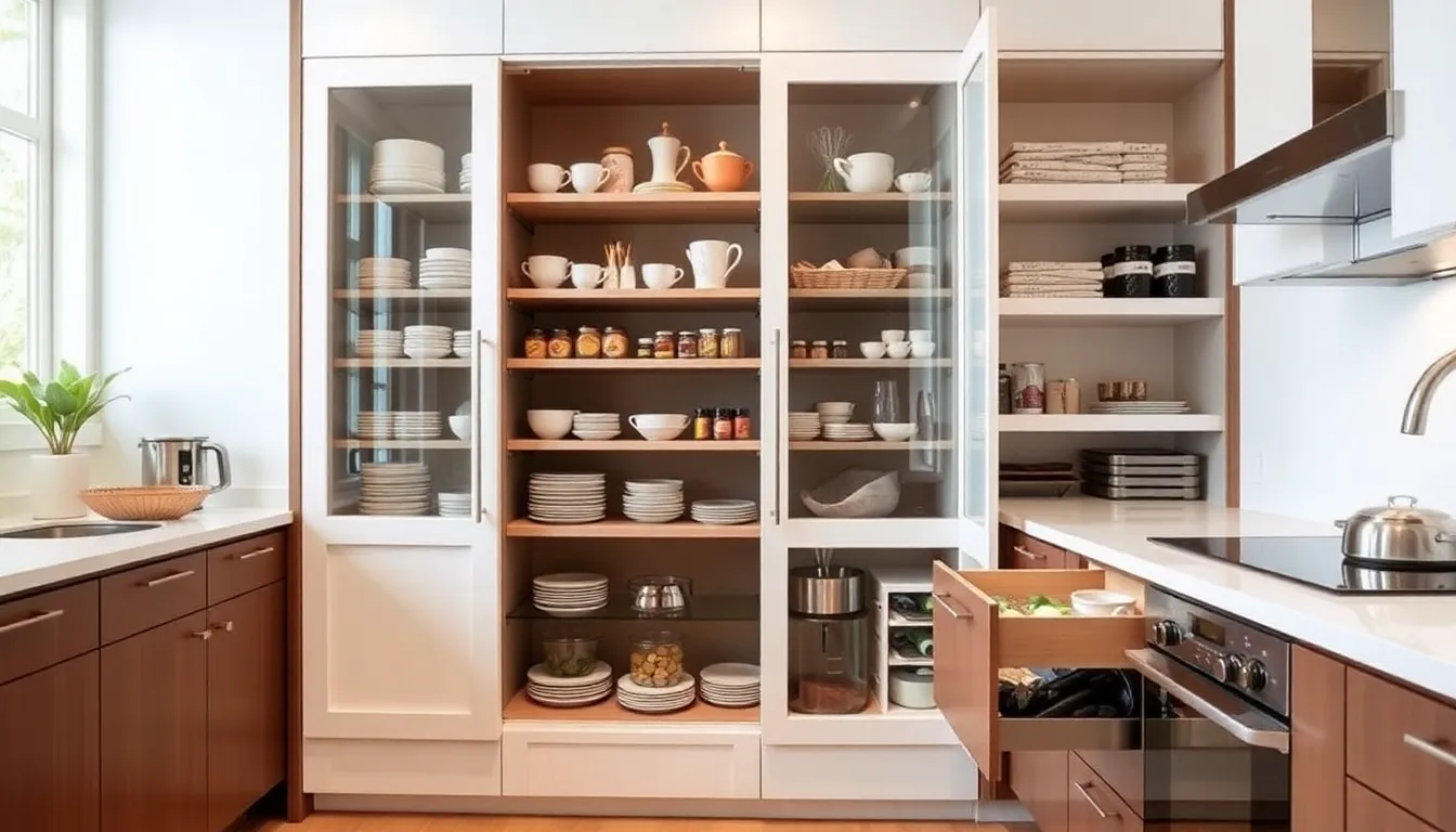 organized kitchen displaying shelf risers and pull-out drawers for storage.