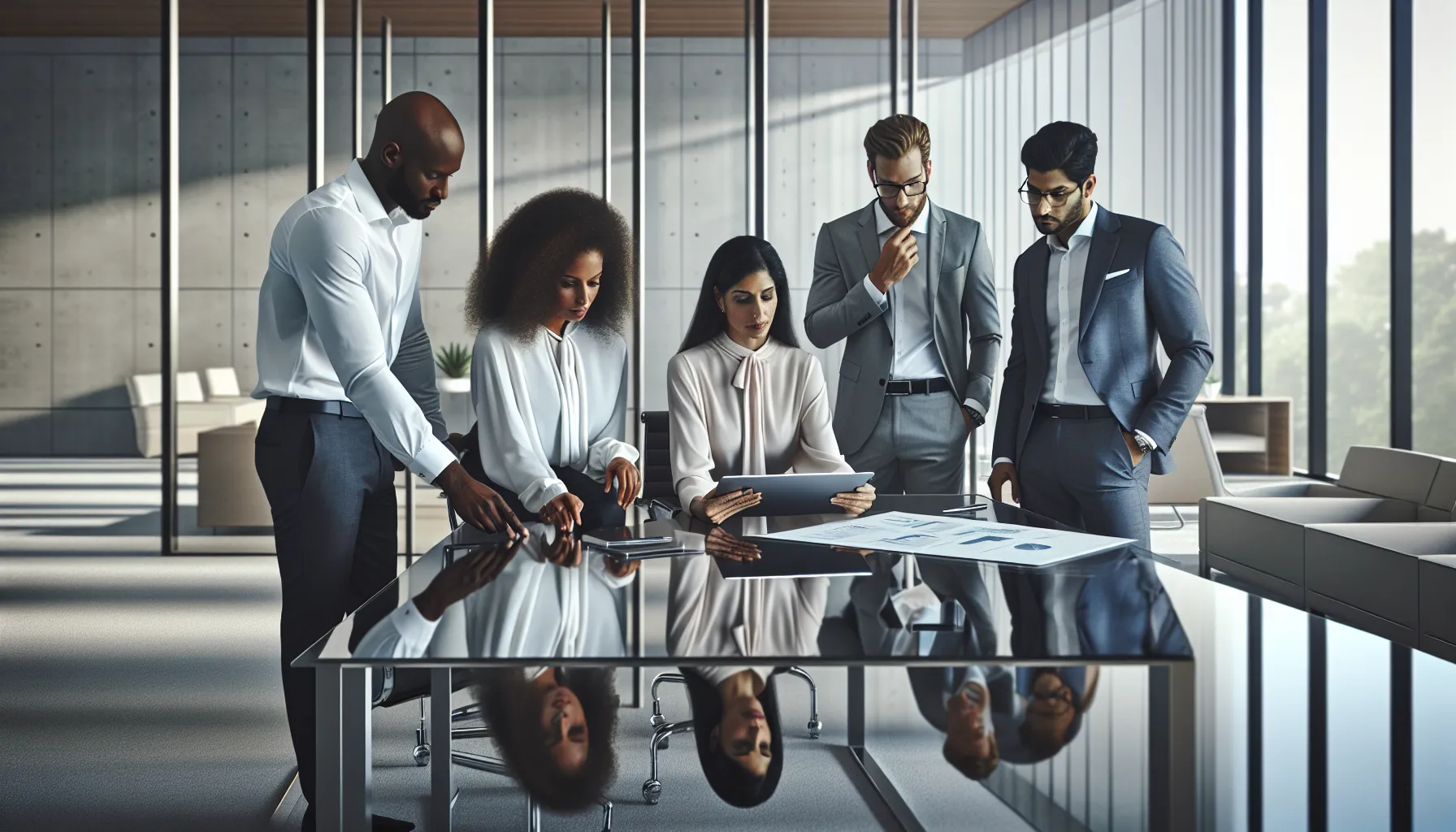 diverse team collaborating on a digital report in a modern office.