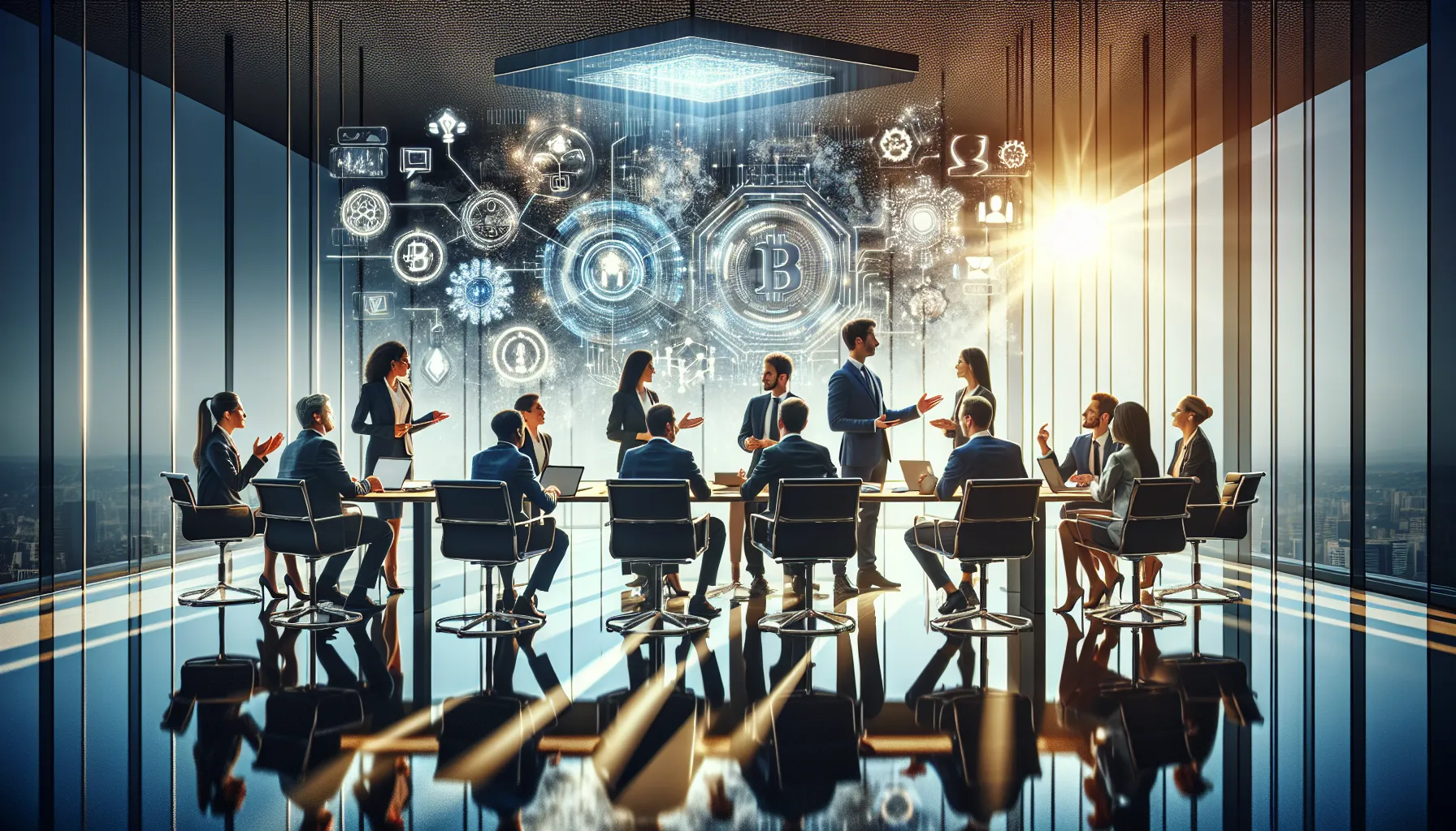 diverse professionals discussing future technologies in a modern office.