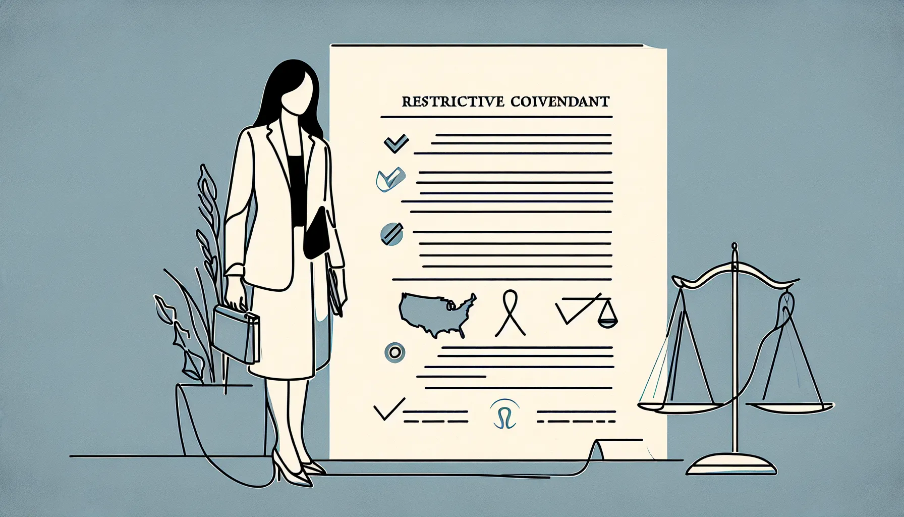 Dentist holding a restrictive covenant contract with a small US map and scale of Dental Restrictive Covenant Issues.