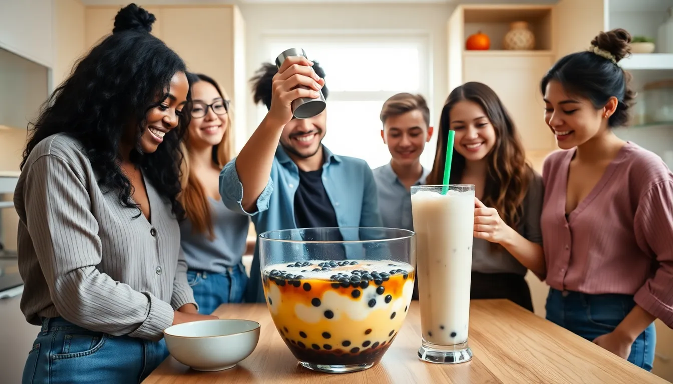 friends making bubble tea in a modern kitchen.