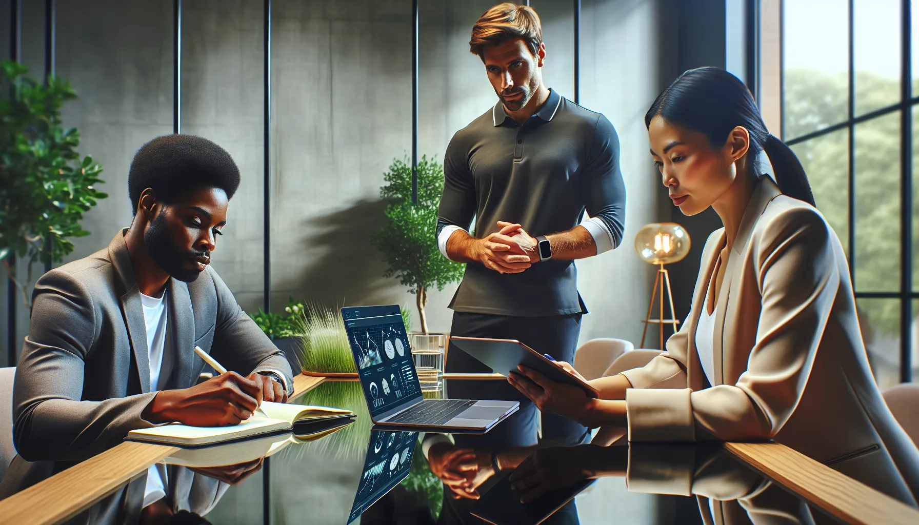 diverse team discussing wellness tracking in a modern office.