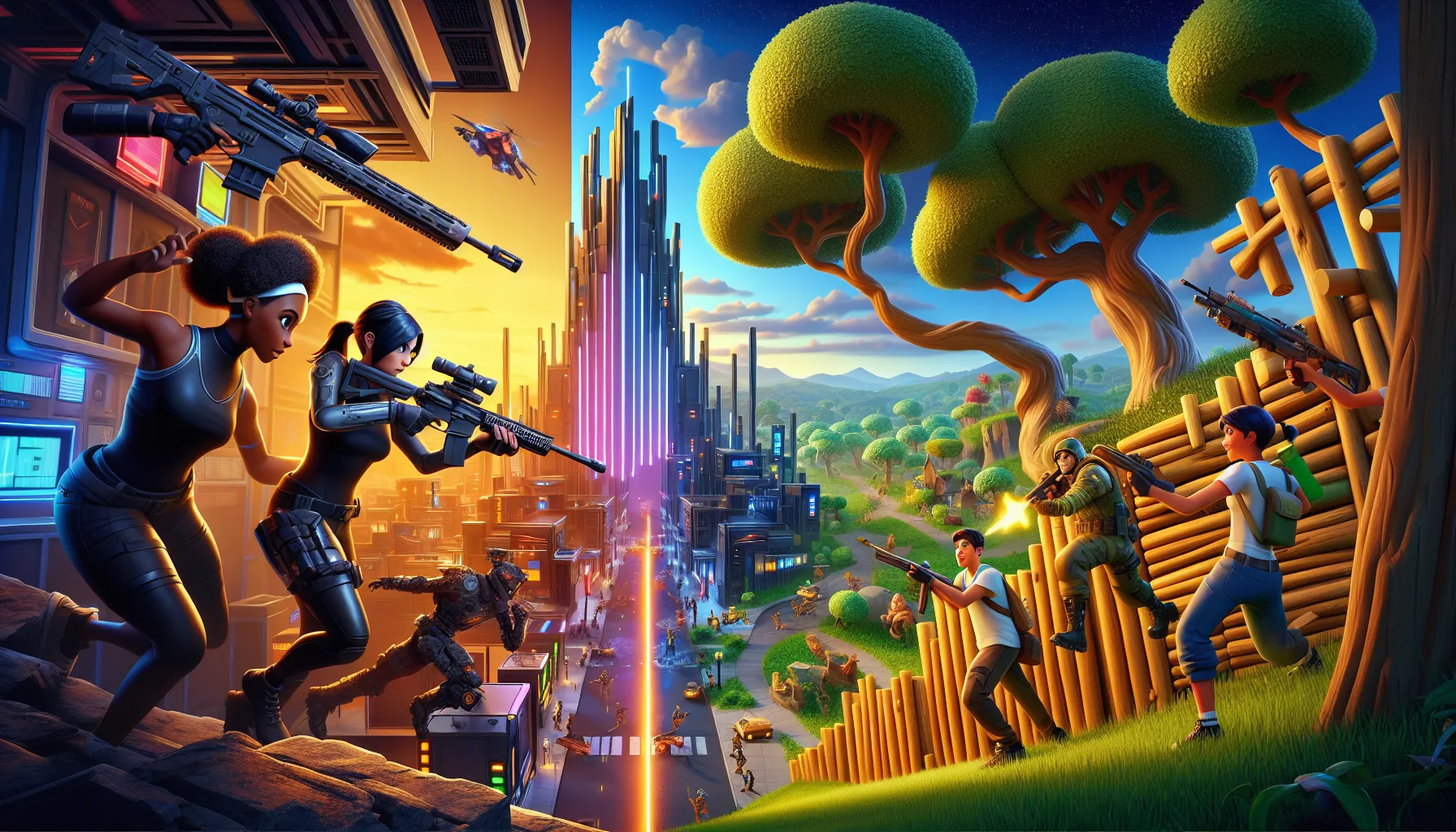contrasting scenes of Apex Legends and Fortnite gameplay