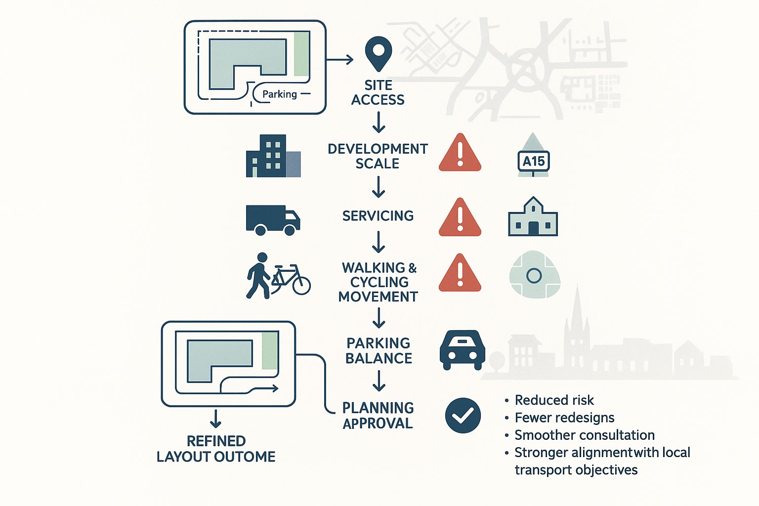 Infographic showing how early transport planning improves development design and planning outcomes.