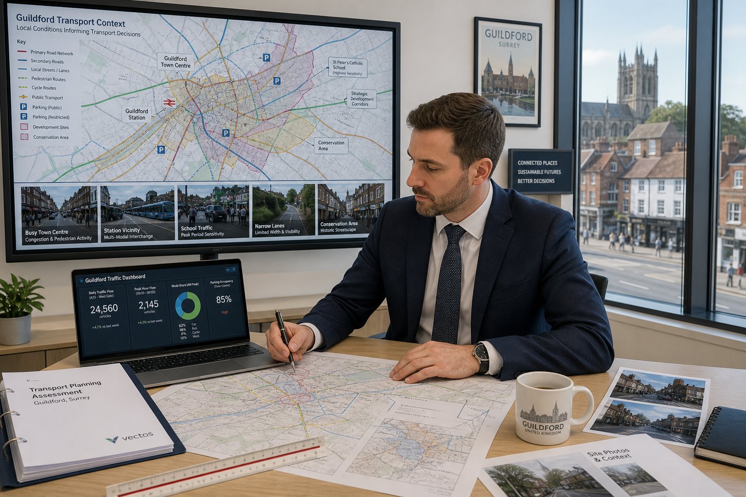 Traffic engineer reviewing Guildford transport plans in a modern office.