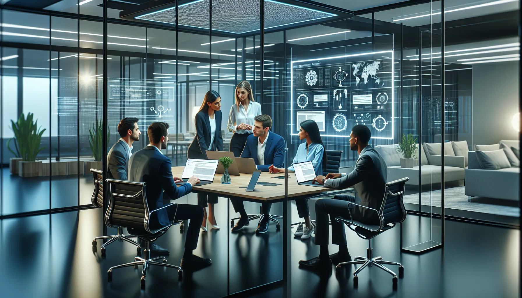 diverse IT team discussing web architecture in a modern office.