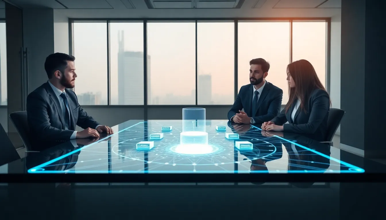 professionals discussing blockchain technology in a modern office.