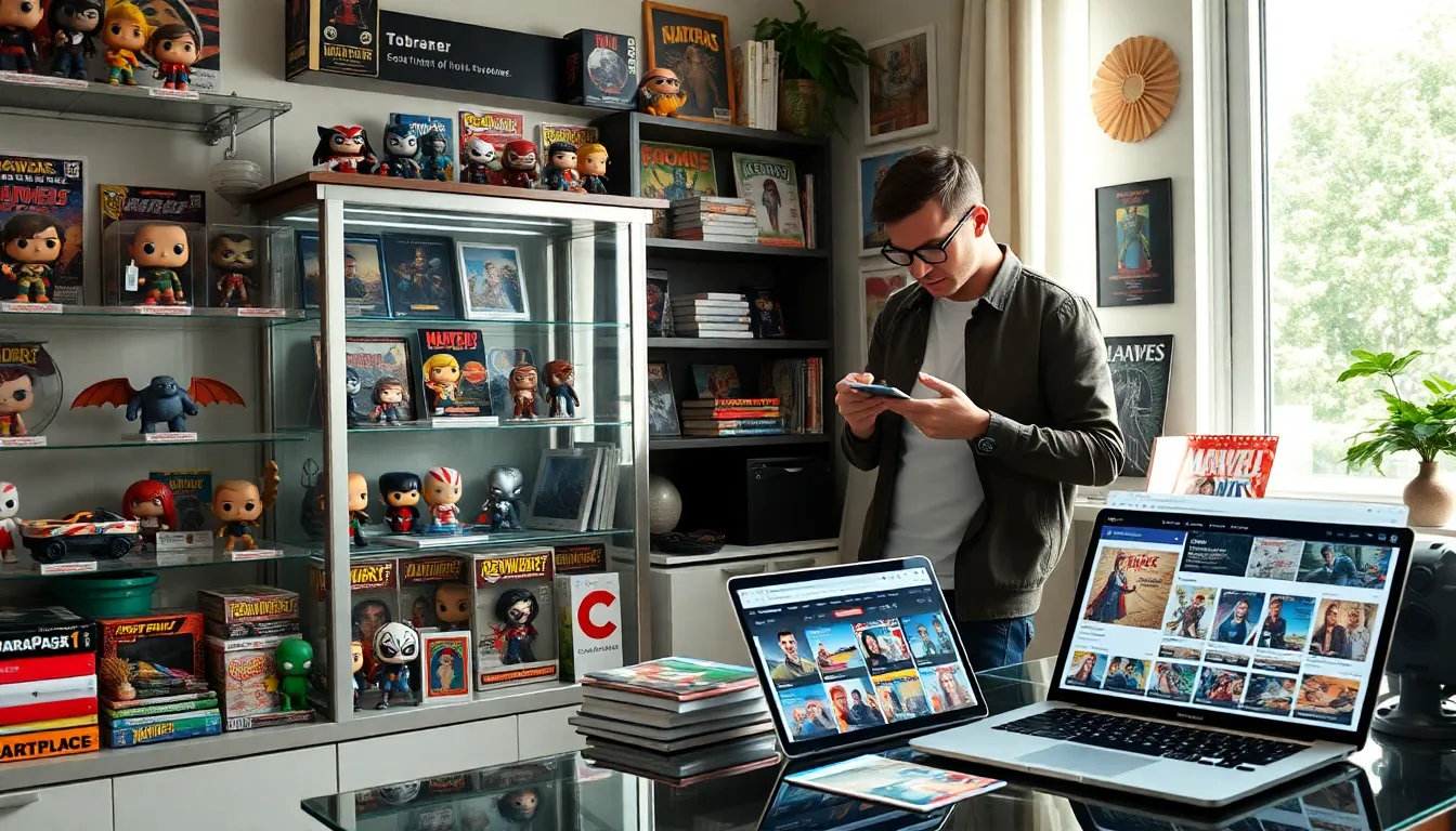 A collector examining pop culture collectibles in a stylish office.
