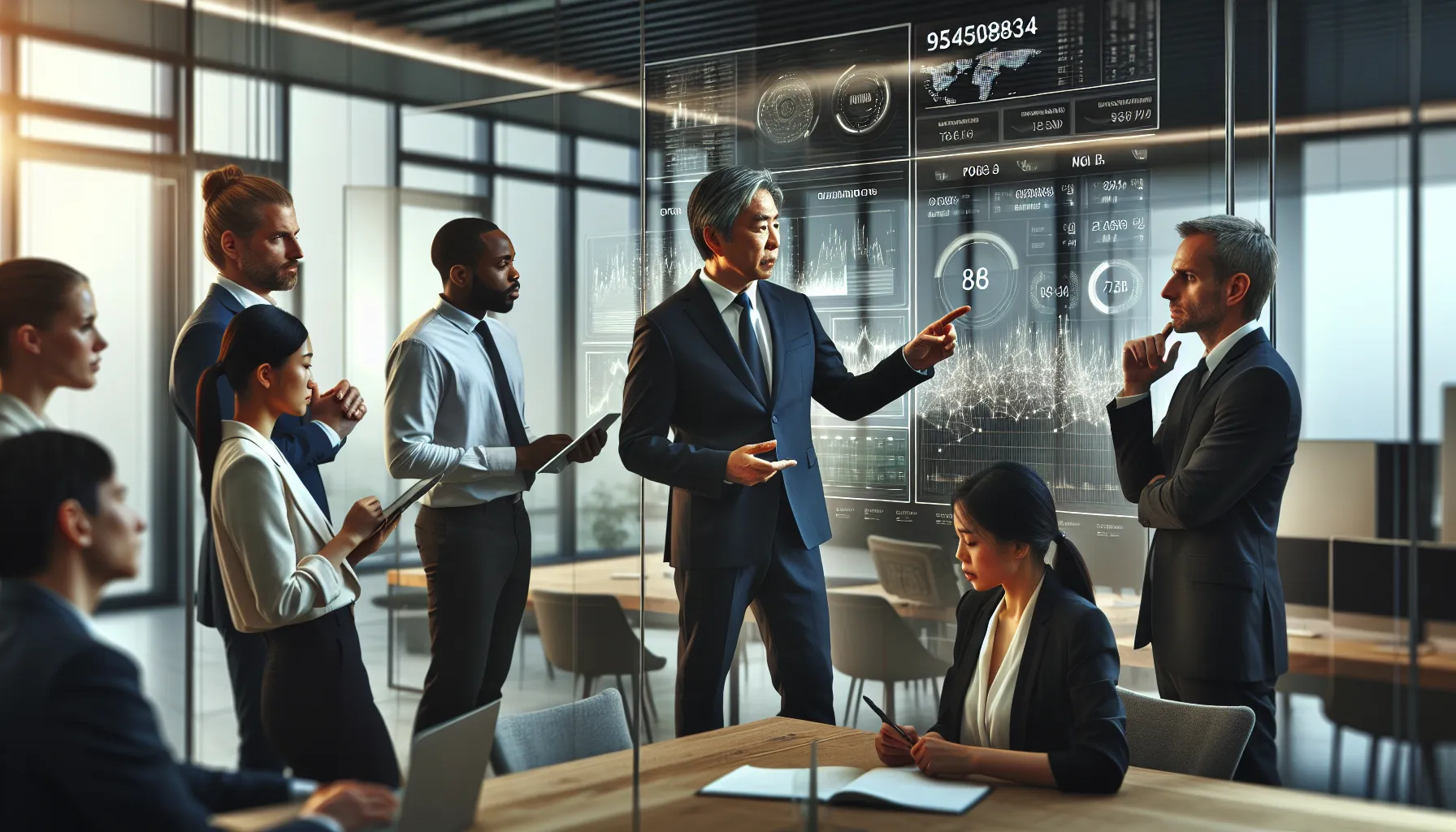 diverse team discussing important telecommunications data in a modern office.