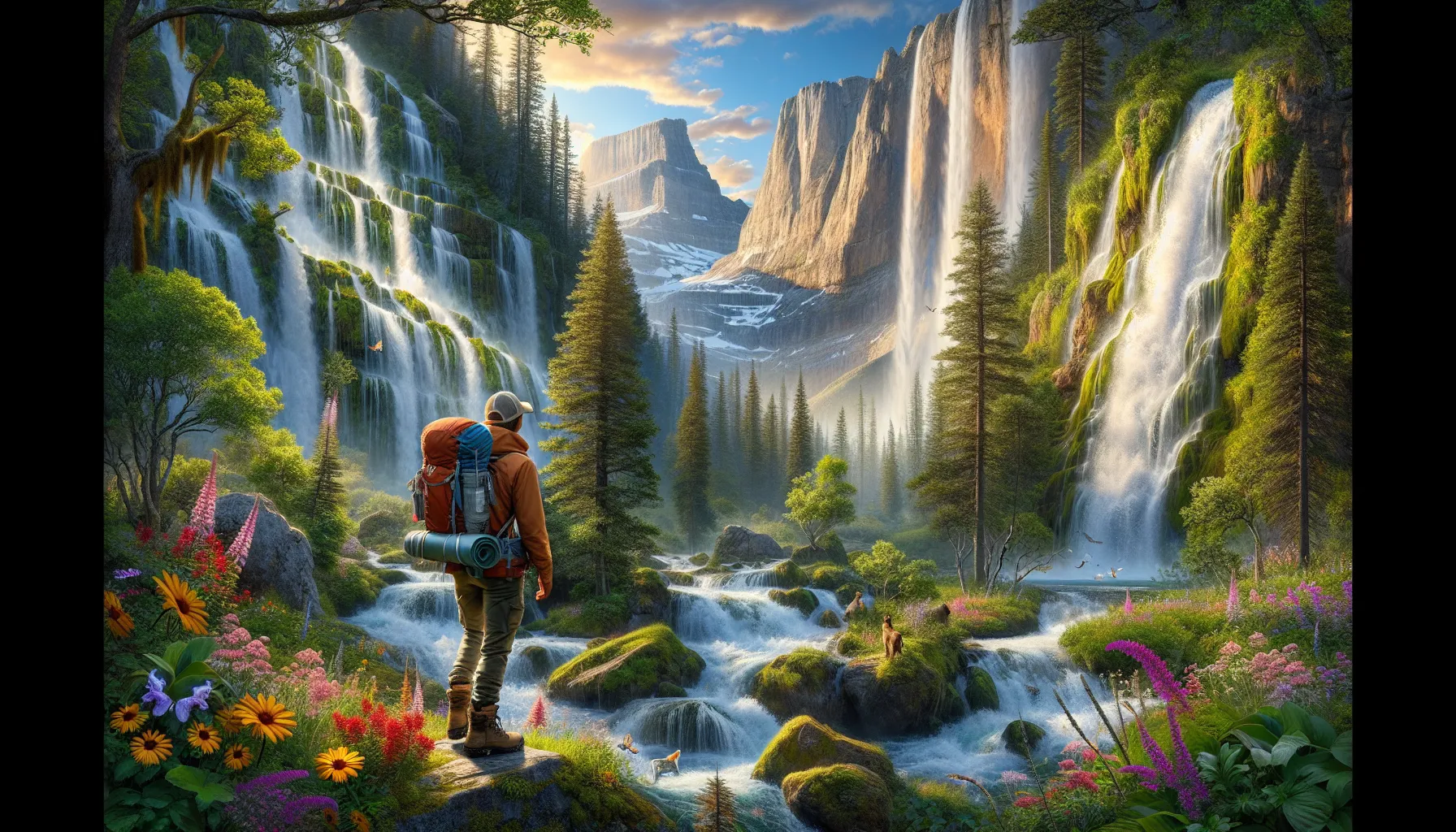 hiker admiring a beautiful waterfall in a lush forest.