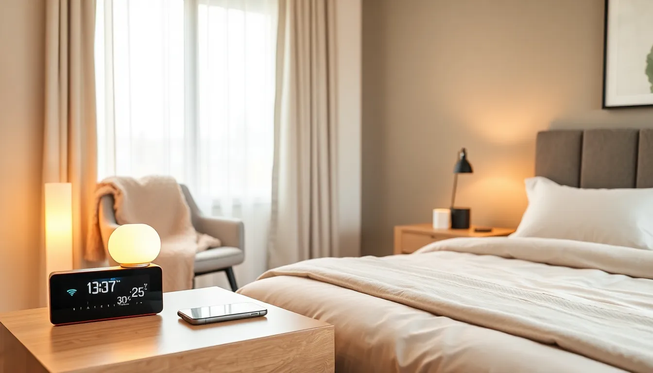 modern bedroom with smart gadgets for comfort and relaxation.
