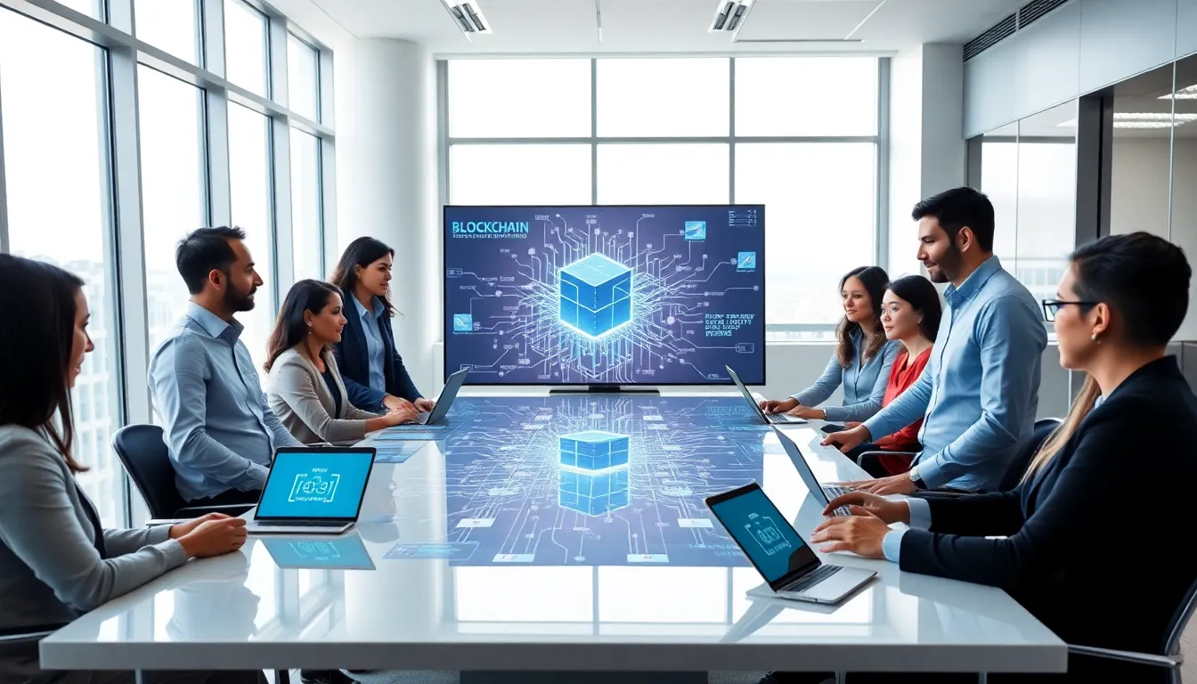 diverse team discussing blockchain technology in a modern office.