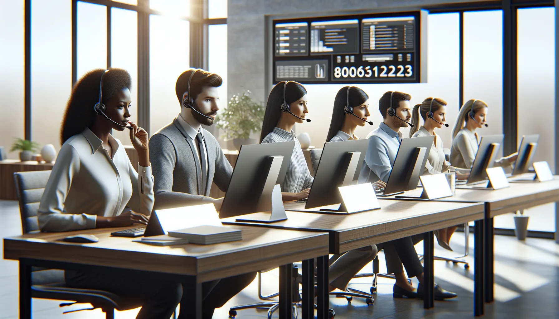 diverse support team assisting customers in a modern office.