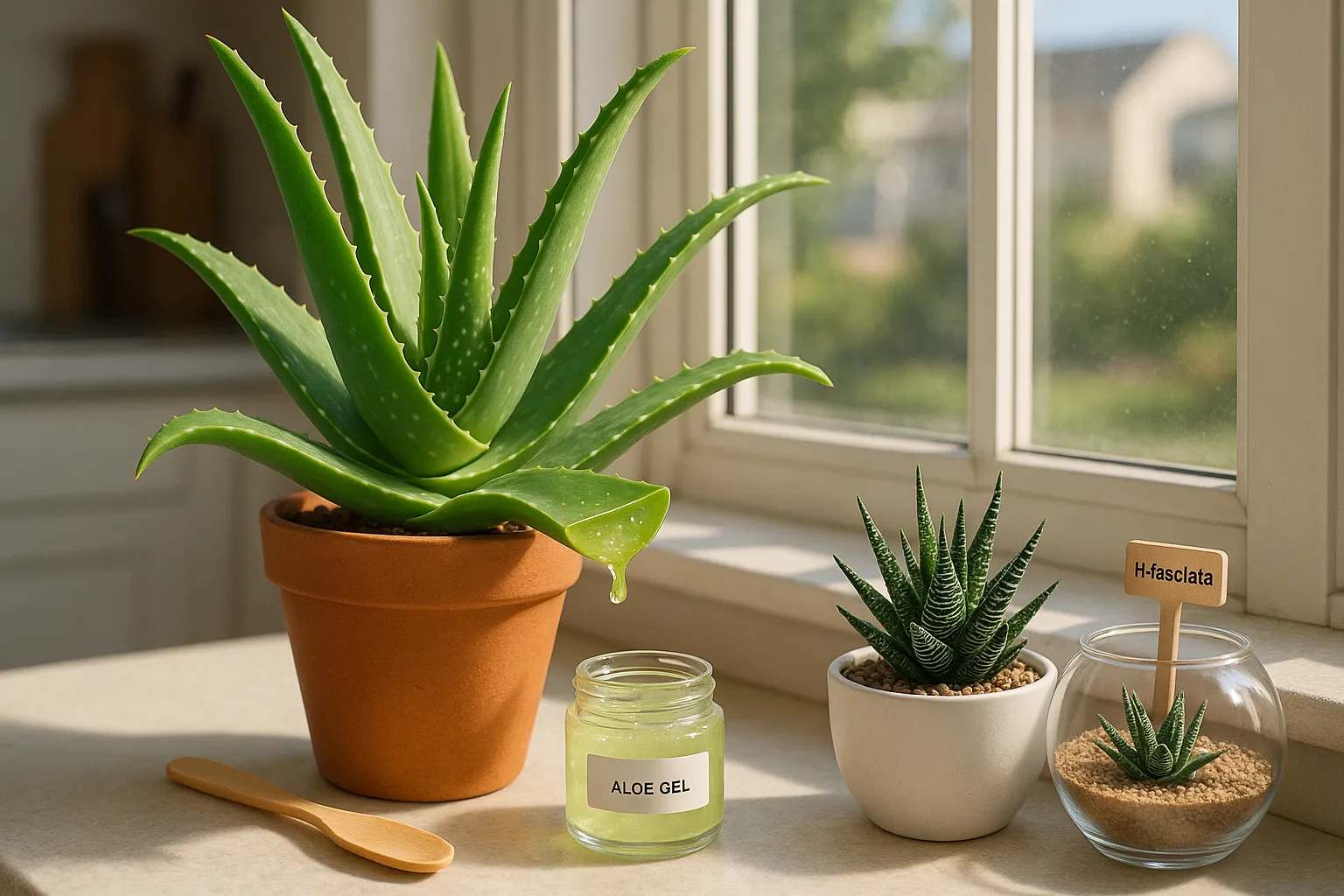 Aloe vera with cut leaf and gel beside a small patterned Haworthia on a windowsill.