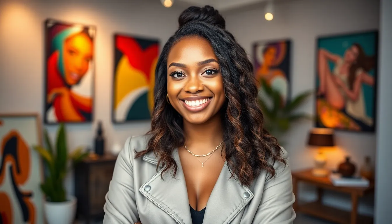 Elitedemetriajade in a colorful, modern studio, exuding confidence and creativity.