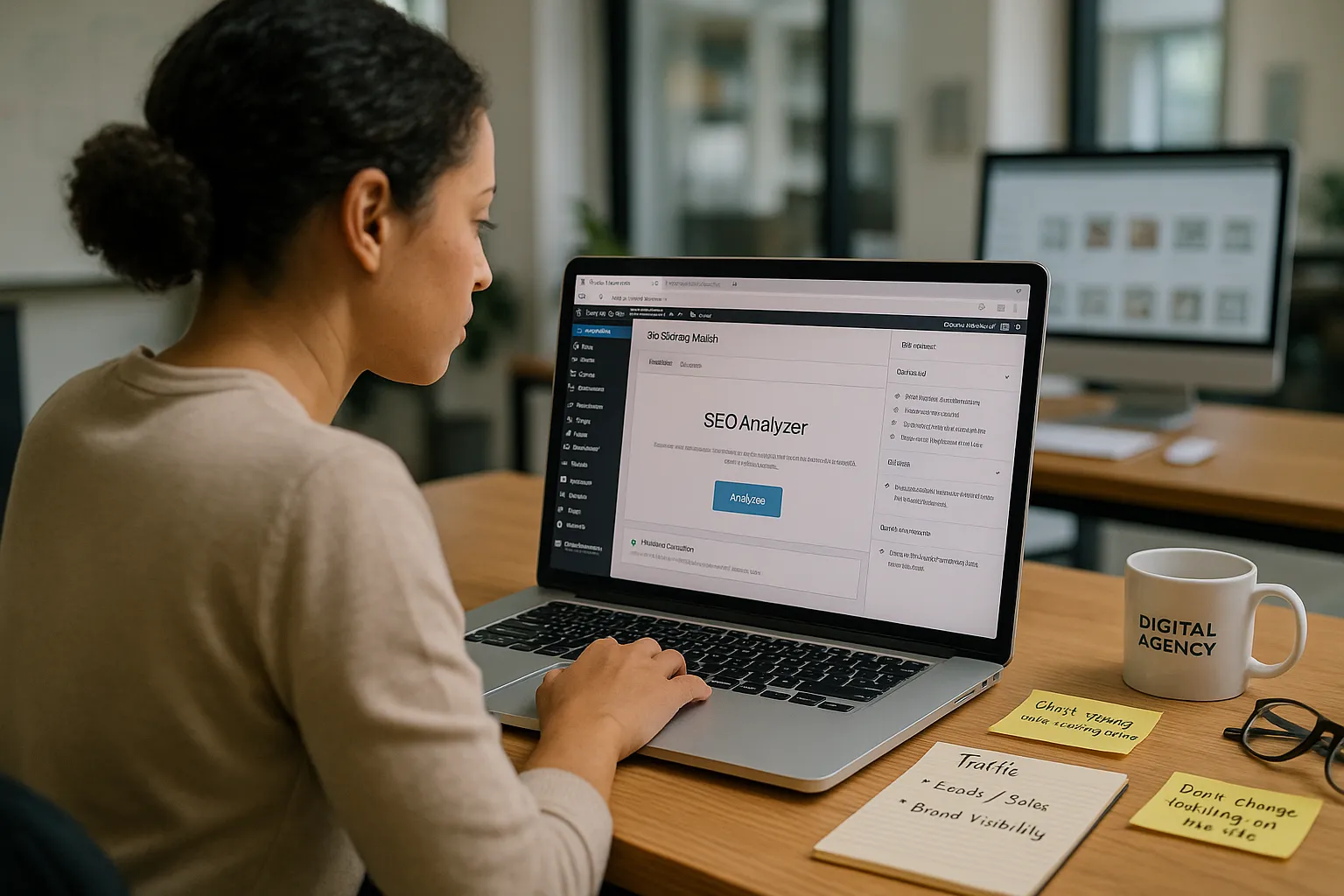 Marketer preparing WordPress site and SEO goals before running Rank Math audit.