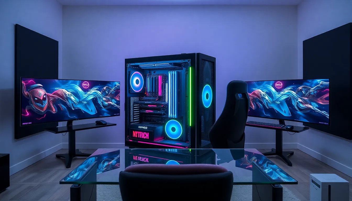 luxurious gaming PC setup with RGB lighting and dual monitors.