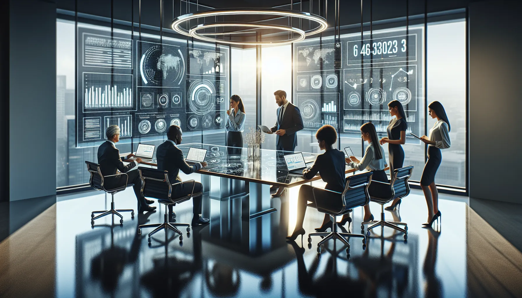 diverse professionals collaborating in a modern office setting with digital devices.