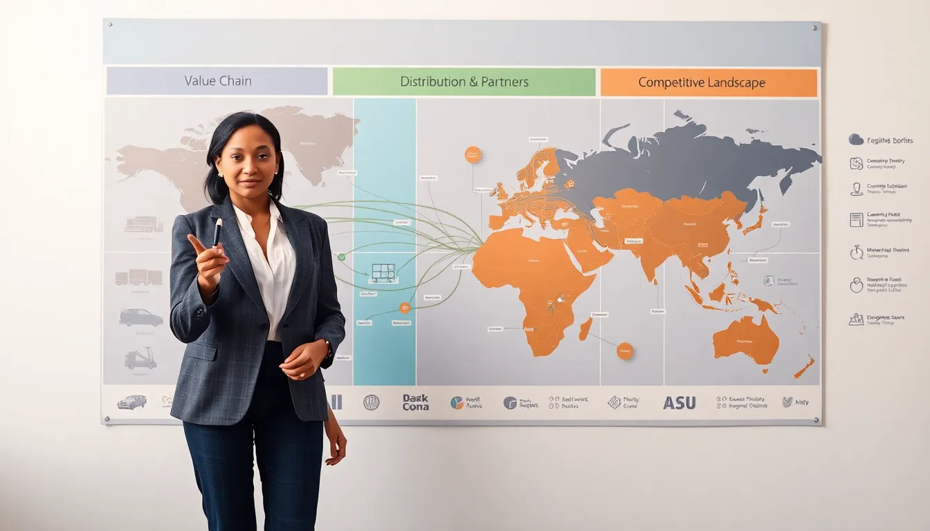Consultant pointing at a detailed industry map on a war-room wall.