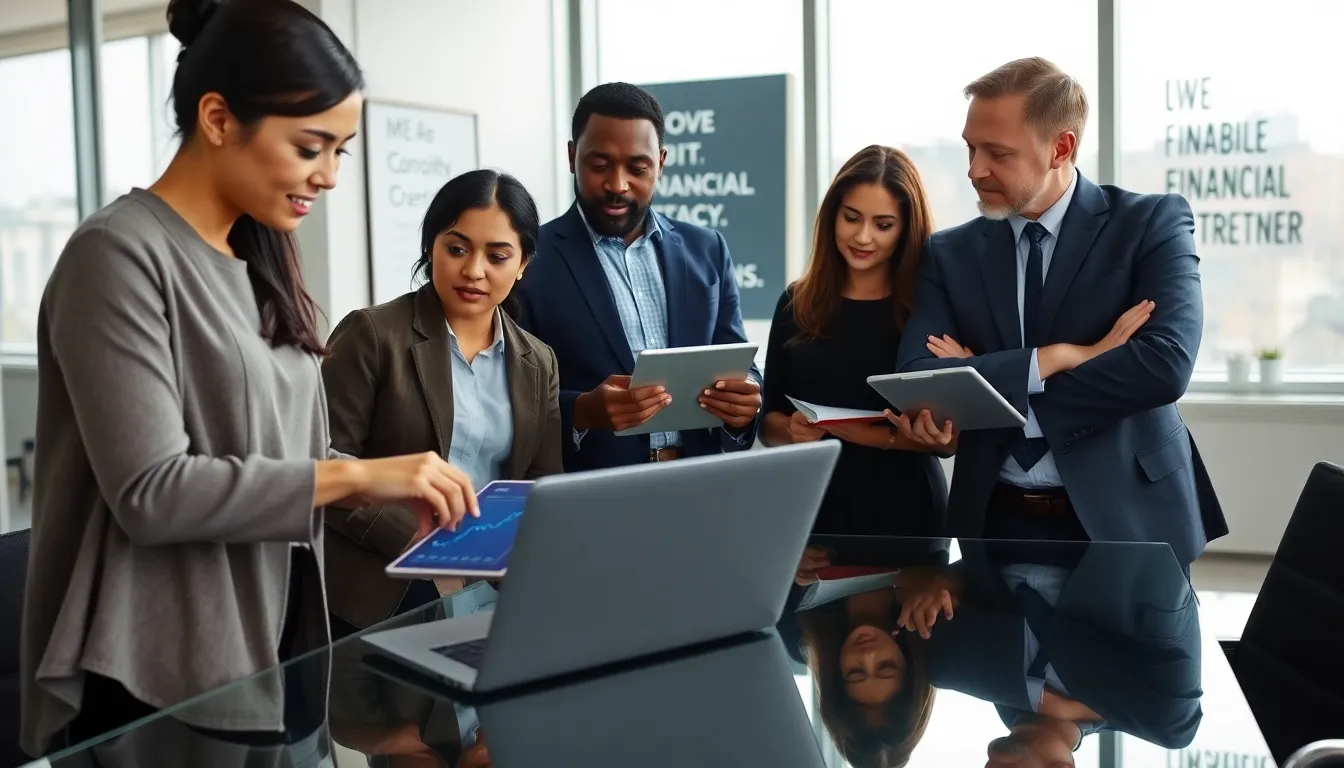 diverse professionals collaborating on investment strategies in a modern office.