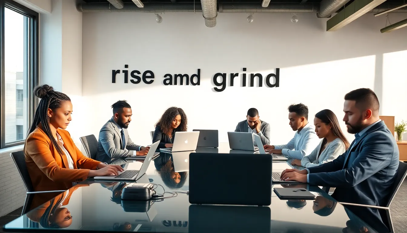 diverse team working in a modern office embodying grind culture.