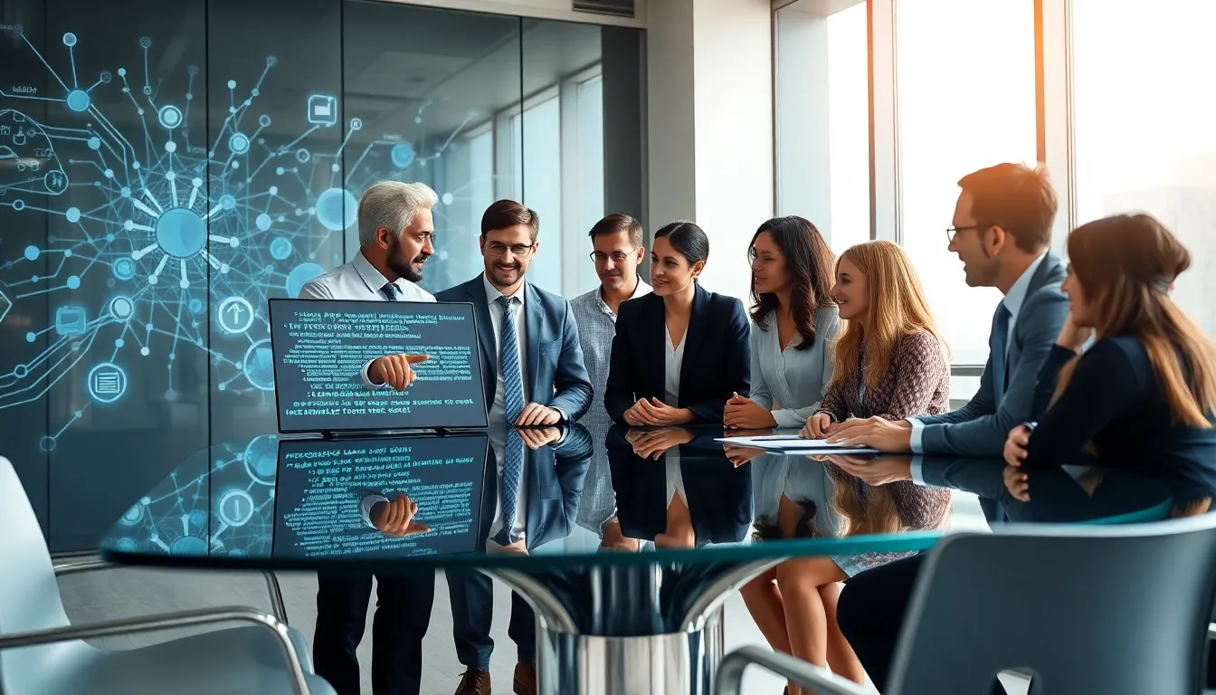 diverse professionals discussing encoded information in a modern office.