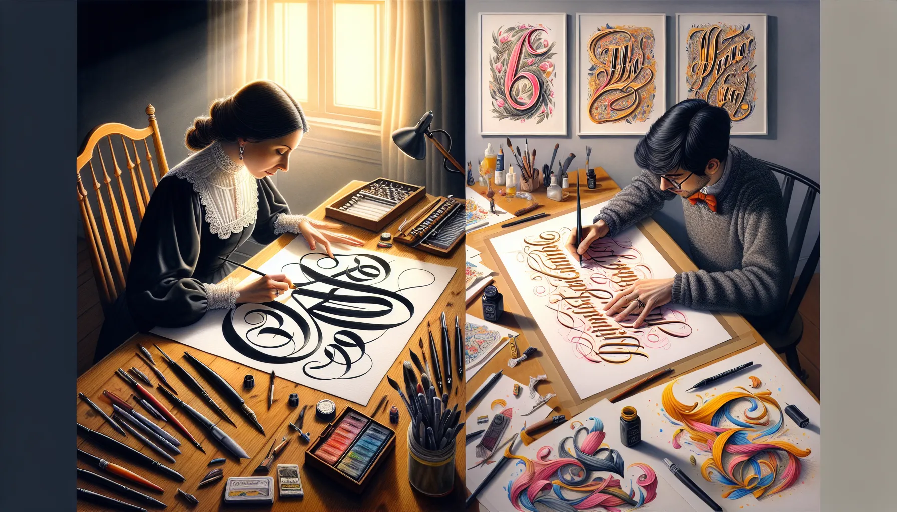 Two artists demonstrate calligraphy and hand lettering techniques side by side.