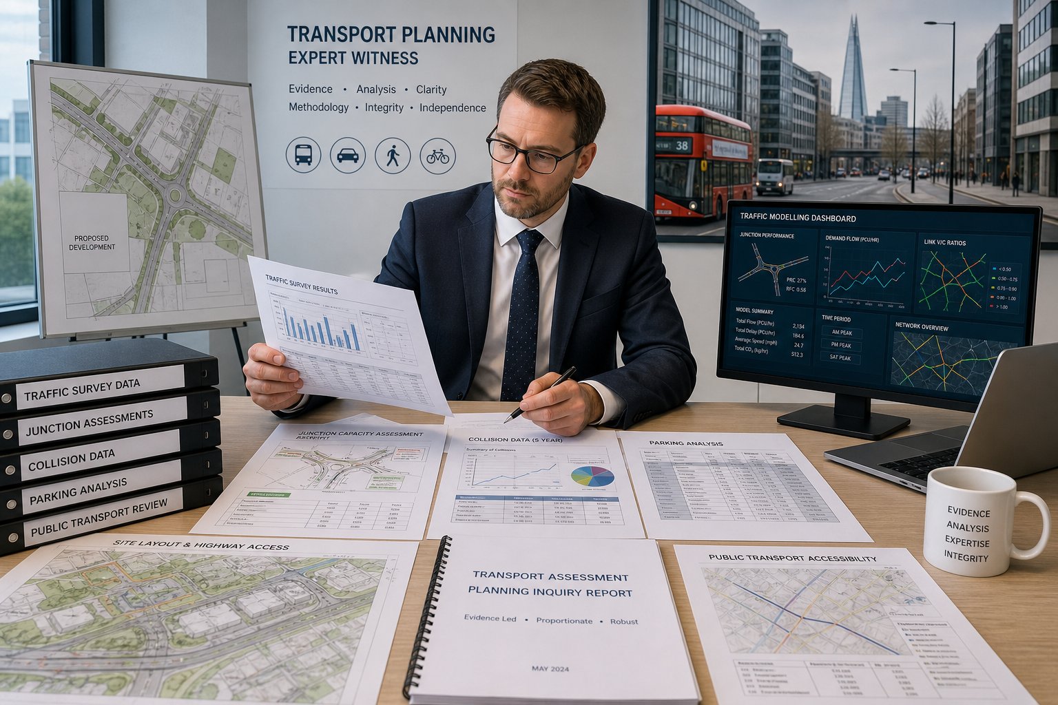 Transport expert reviewing UK planning inquiry traffic evidence and road analysis.