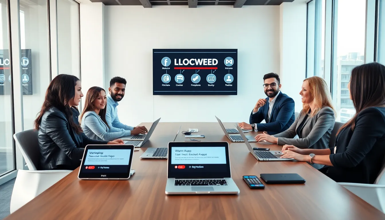professionals discussing blocked apps in a modern office setting.
