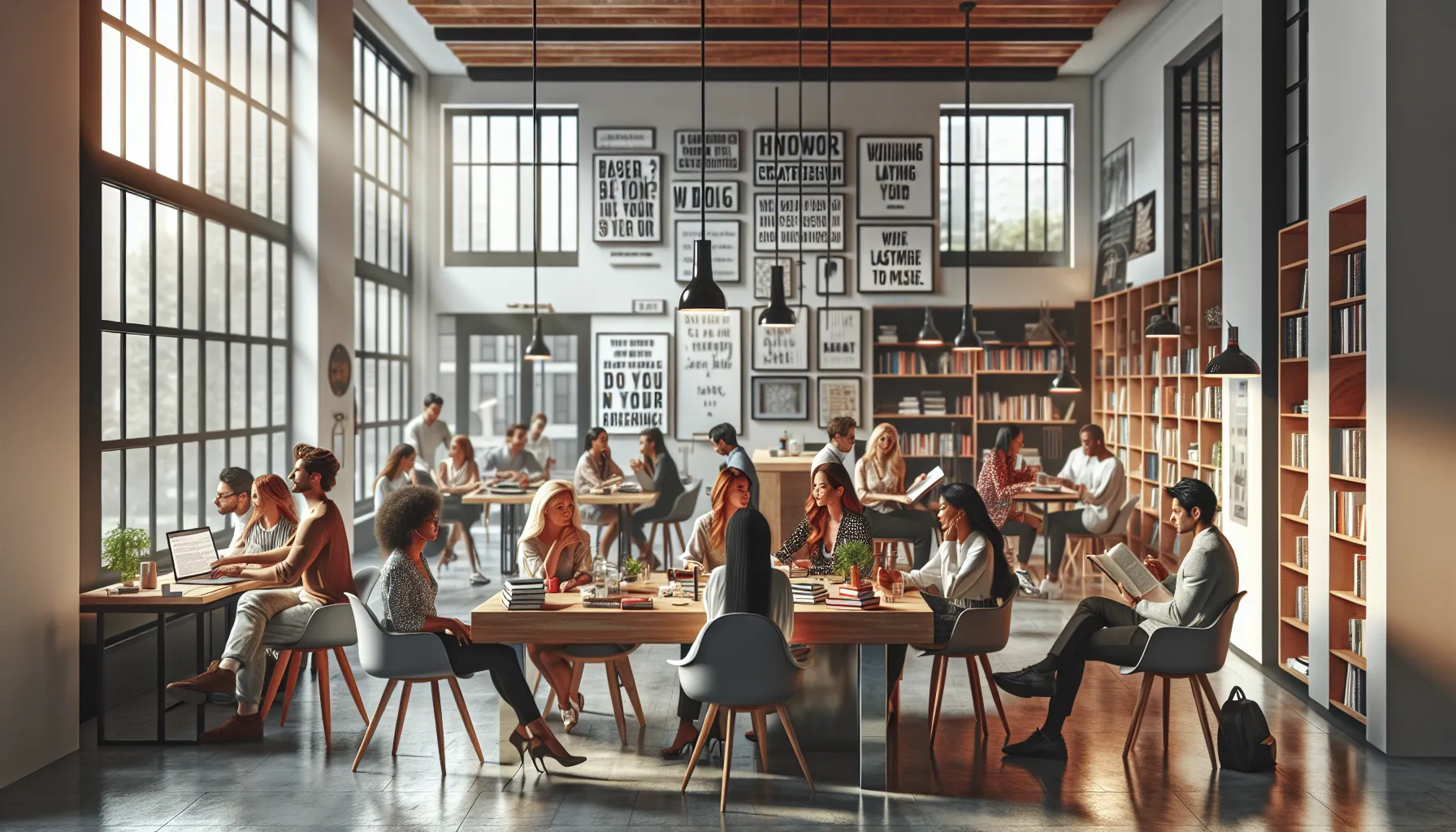 diverse authors collaborating in a modern workspace.