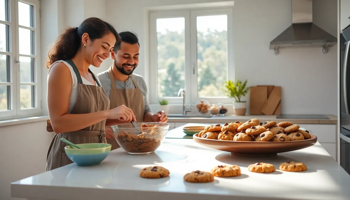 diverse couple baking cookies in a bright kitchen.