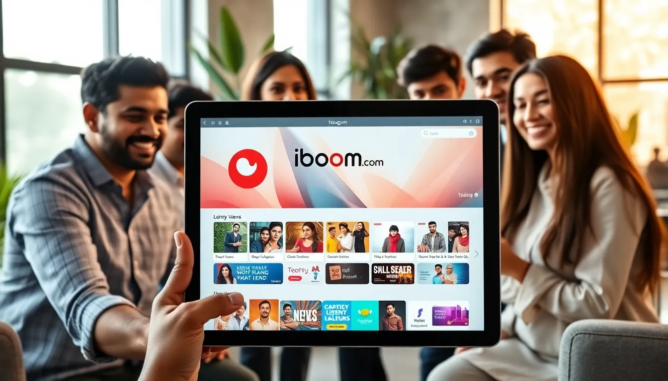 diverse team discussing iBoom.com Telugu content in a modern office.