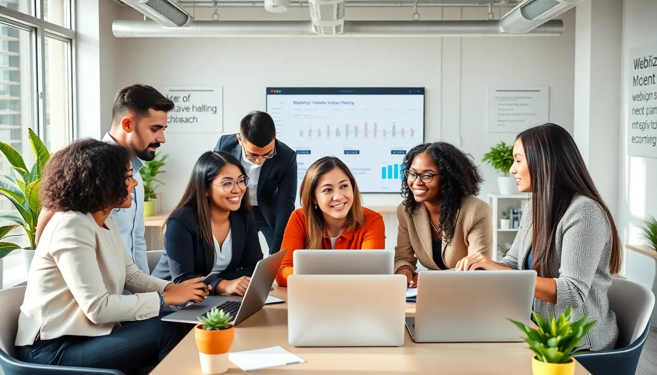 diverse team collaborating in a modern office setting.