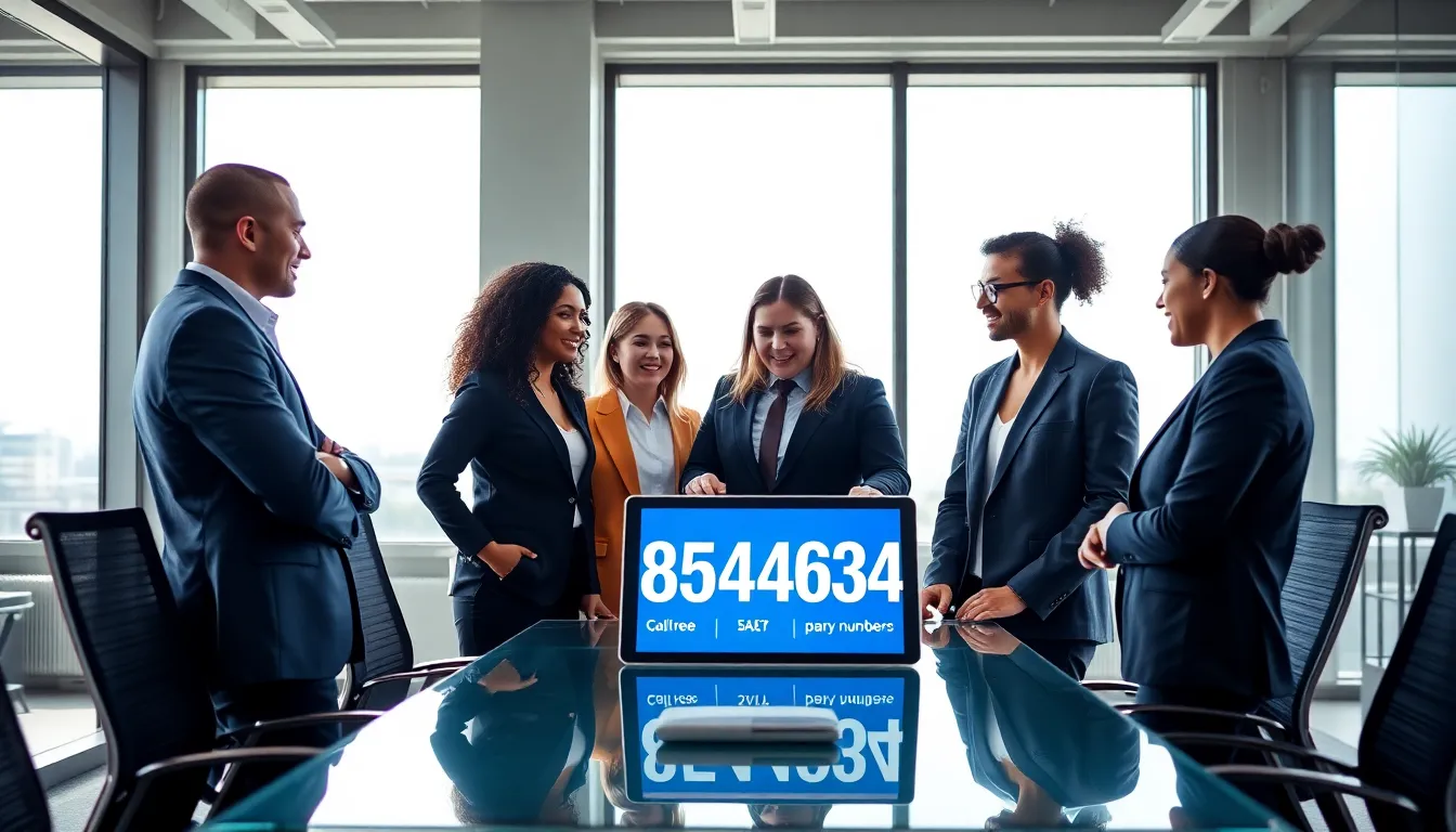 diverse professionals discussing a toll-free number in a modern office.