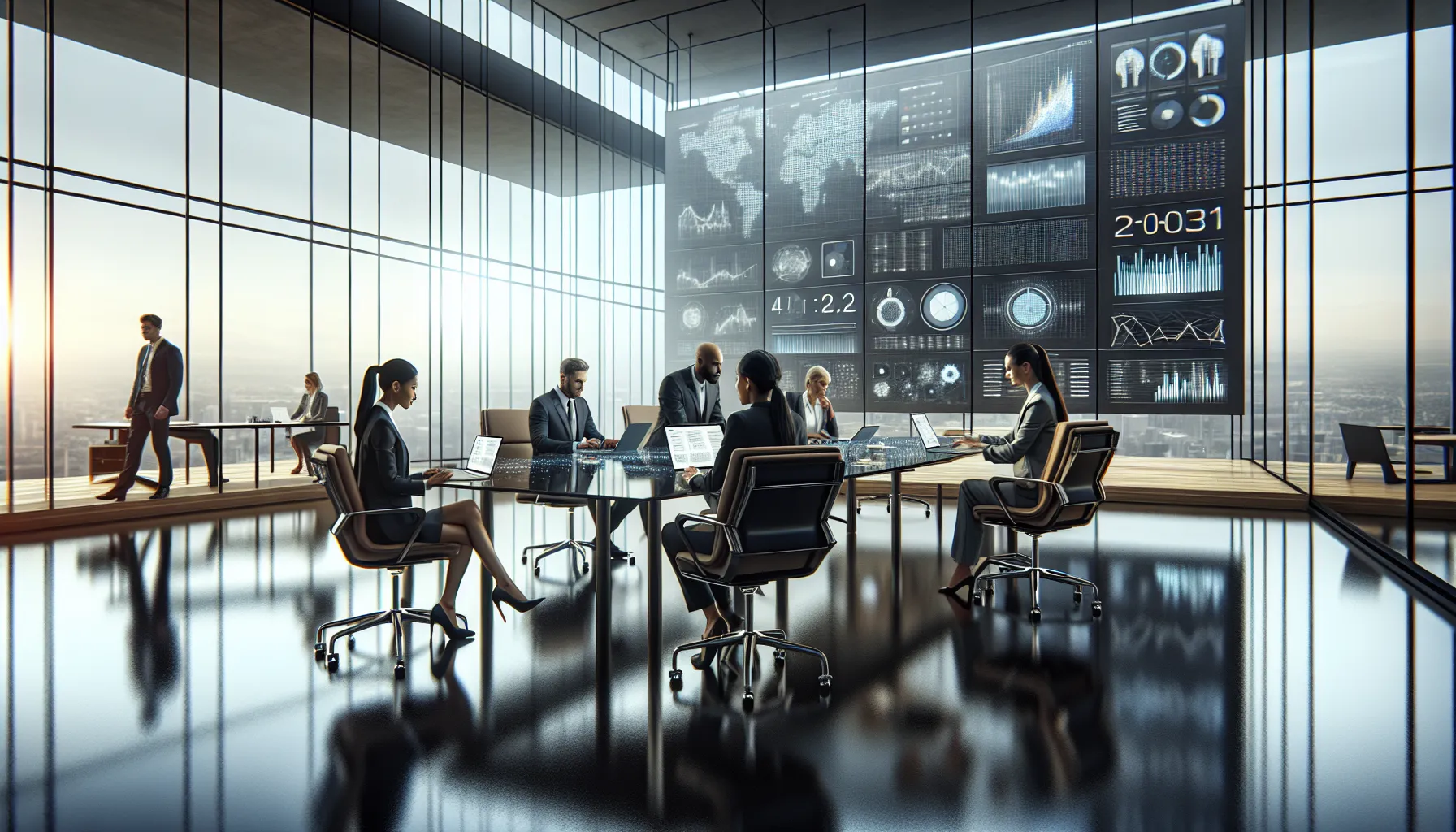 diverse team analyzing data in a modern office setting.