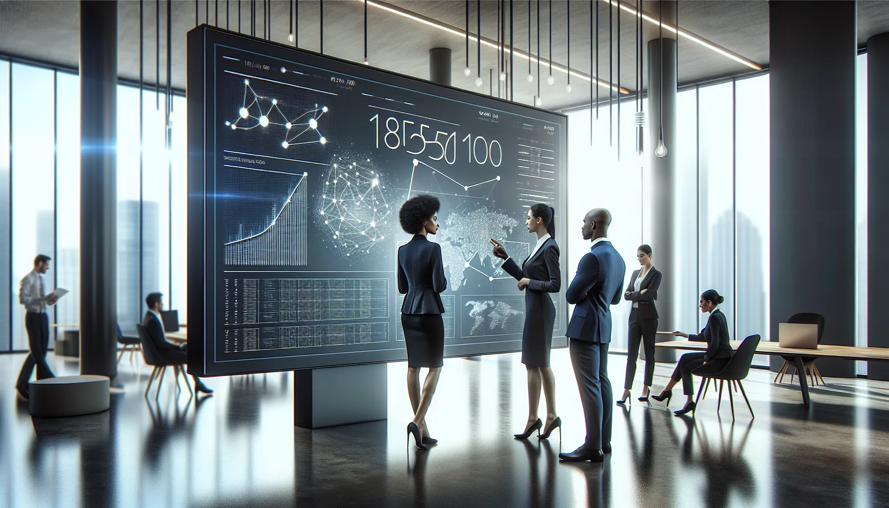 professionals discussing data in a modern office setting.