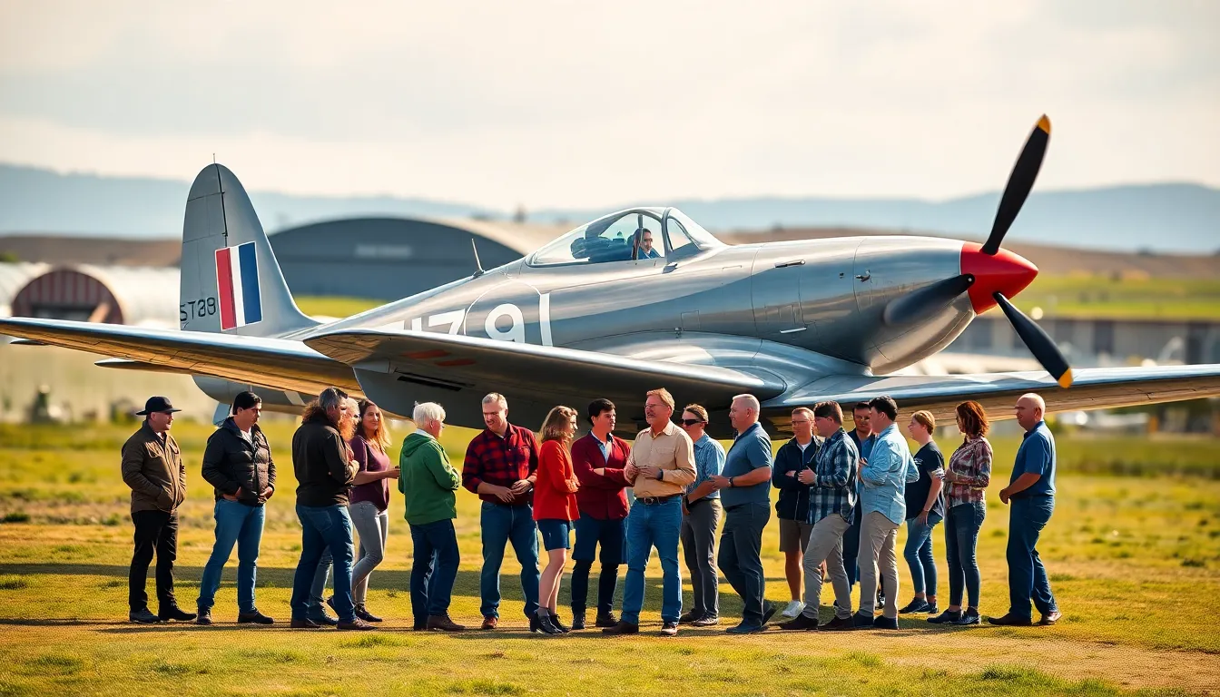 A pristine Supermarine Spitfire with aviation enthusiasts on a vintage airfield.