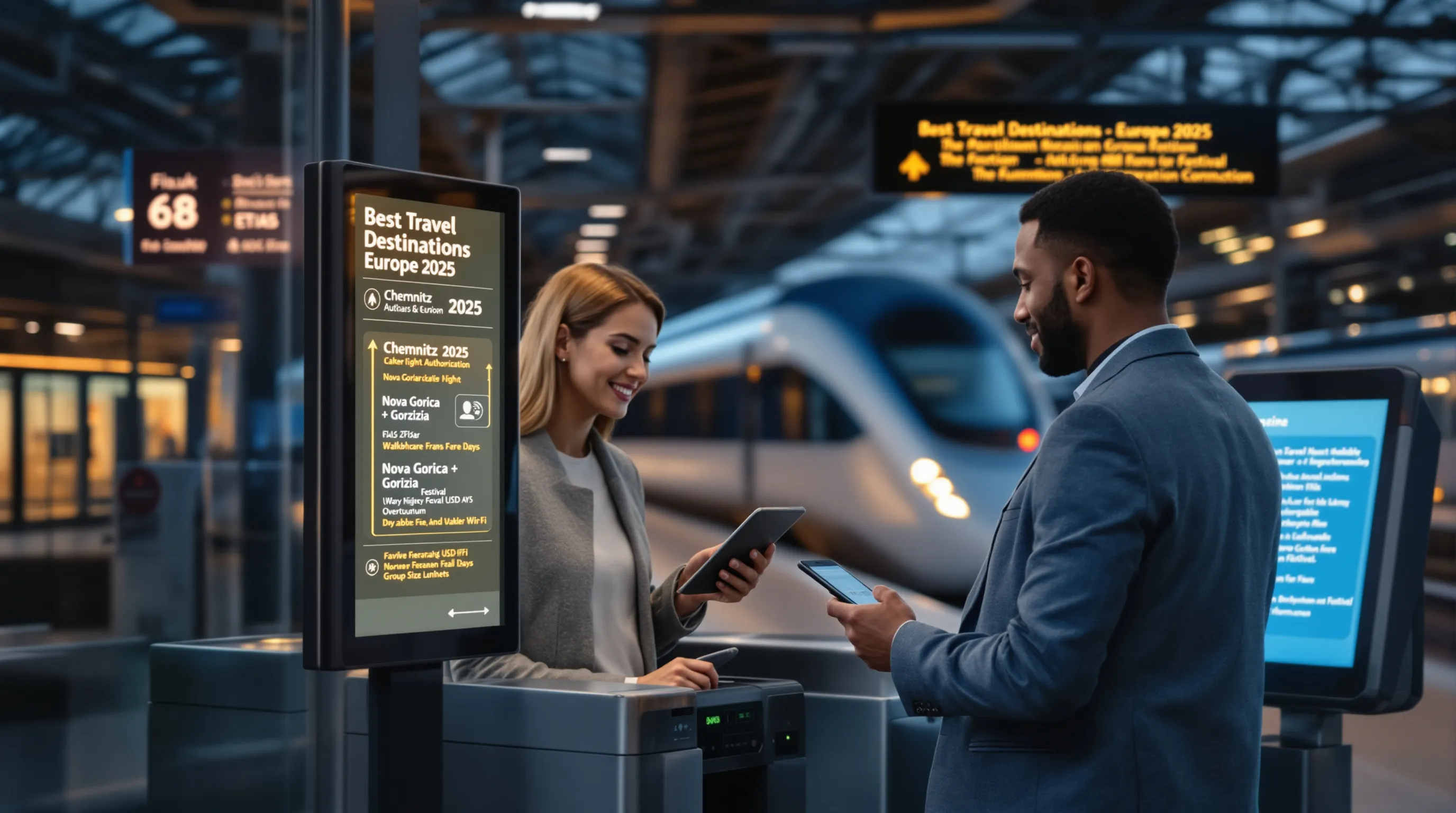 Professionals use contactless access at a European night train amid 2025 culture signage.