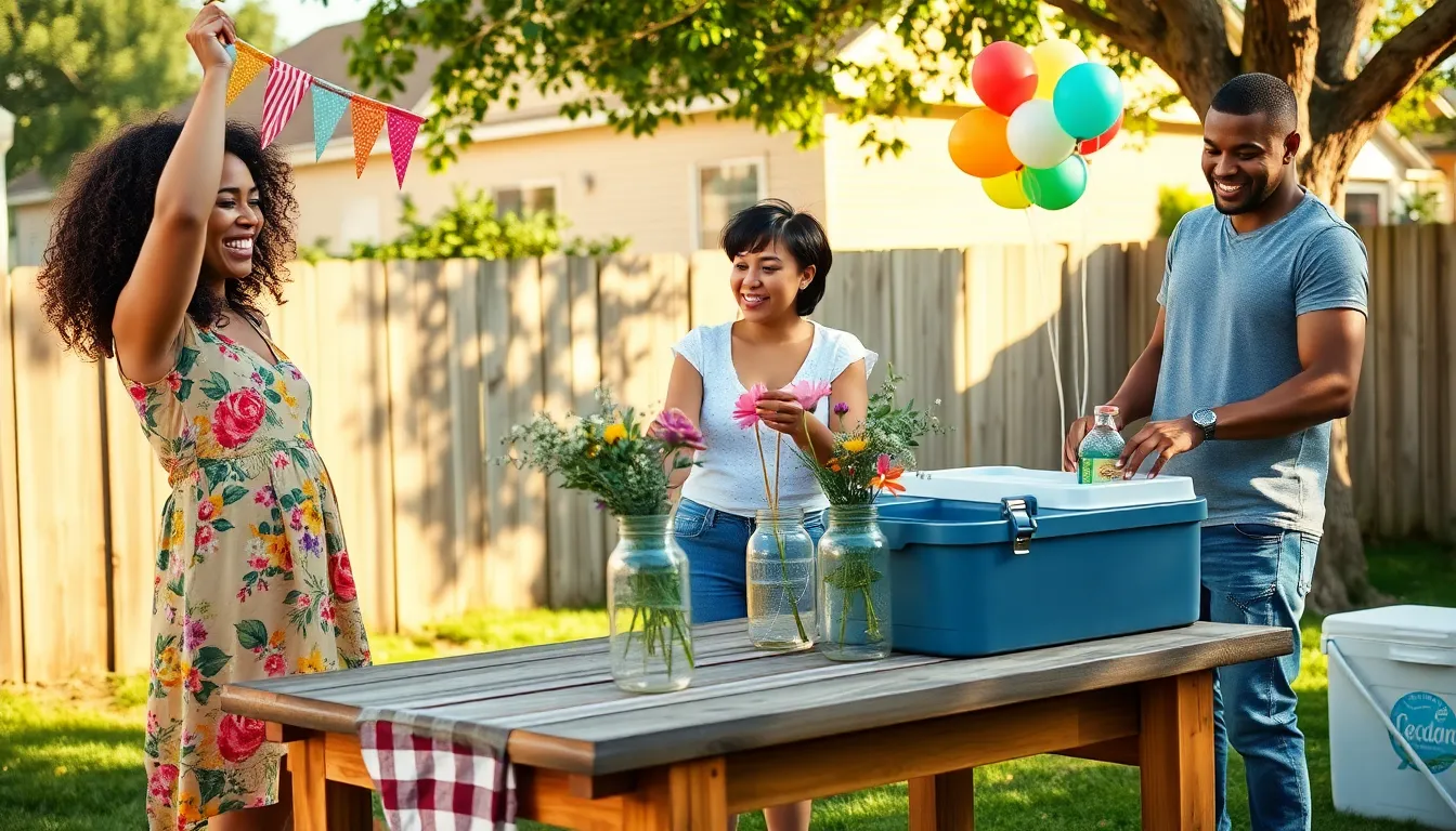 friends preparing for a budget-friendly backyard event with DIY decorations.