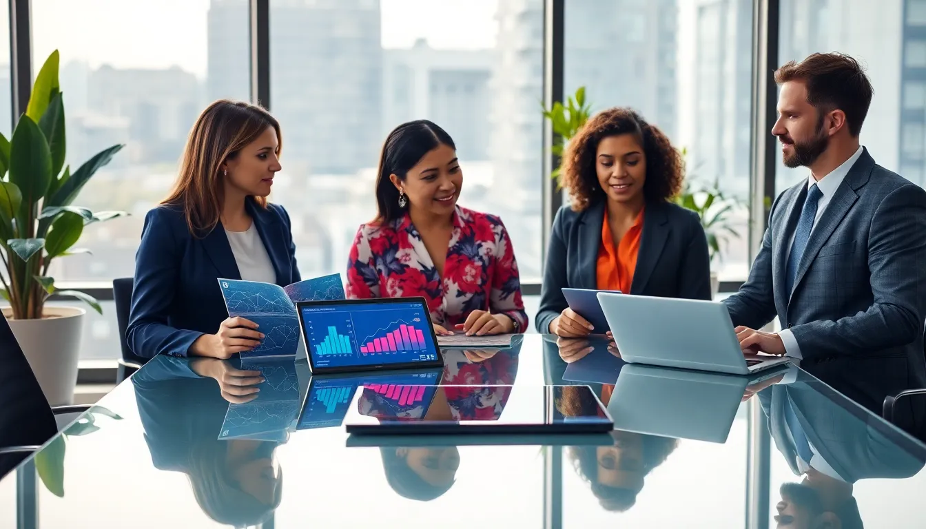 diverse professionals discussing AI in a modern banking office.