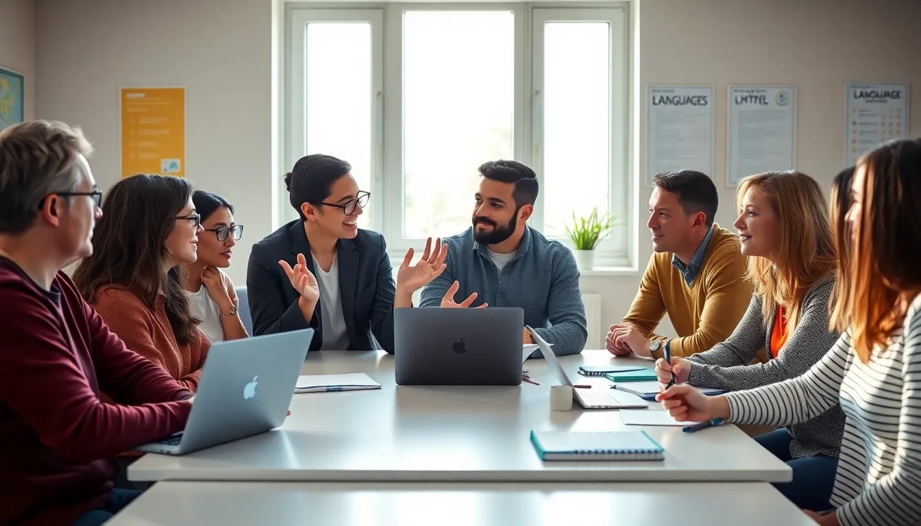 diverse adults learning a language in a modern classroom.