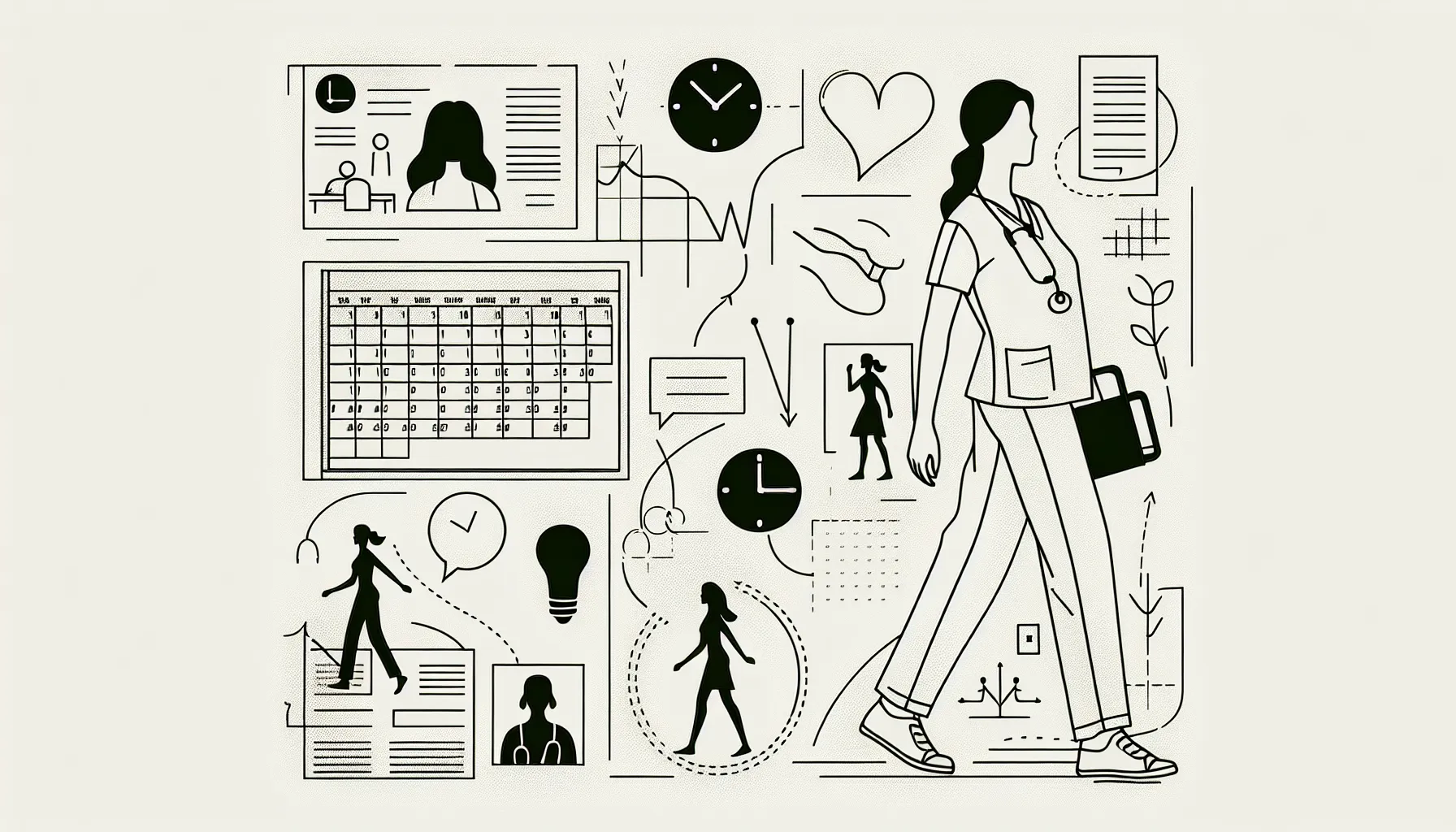 Line art of a dentist, calendar with added weekend, clock, and short commute icons.
