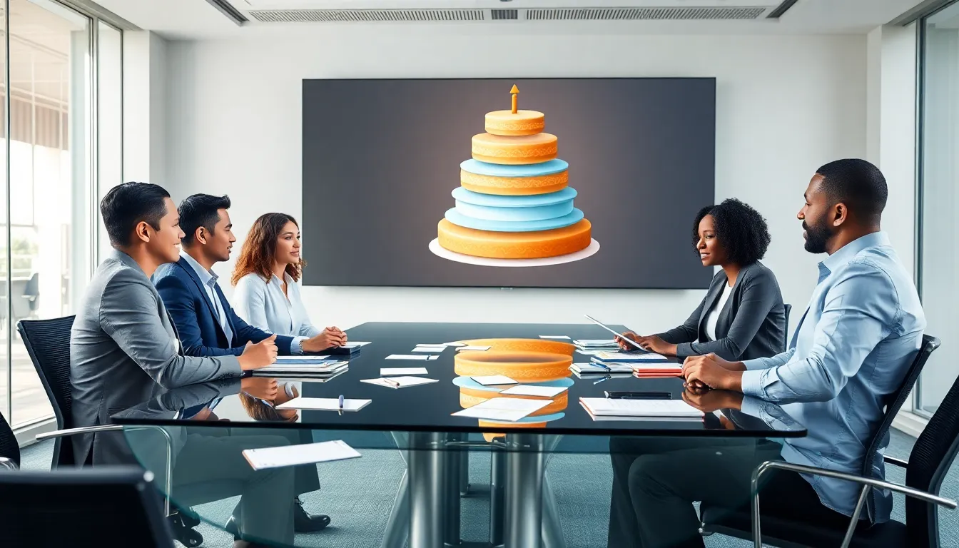 diverse team discussing complex concepts in a modern conference room.