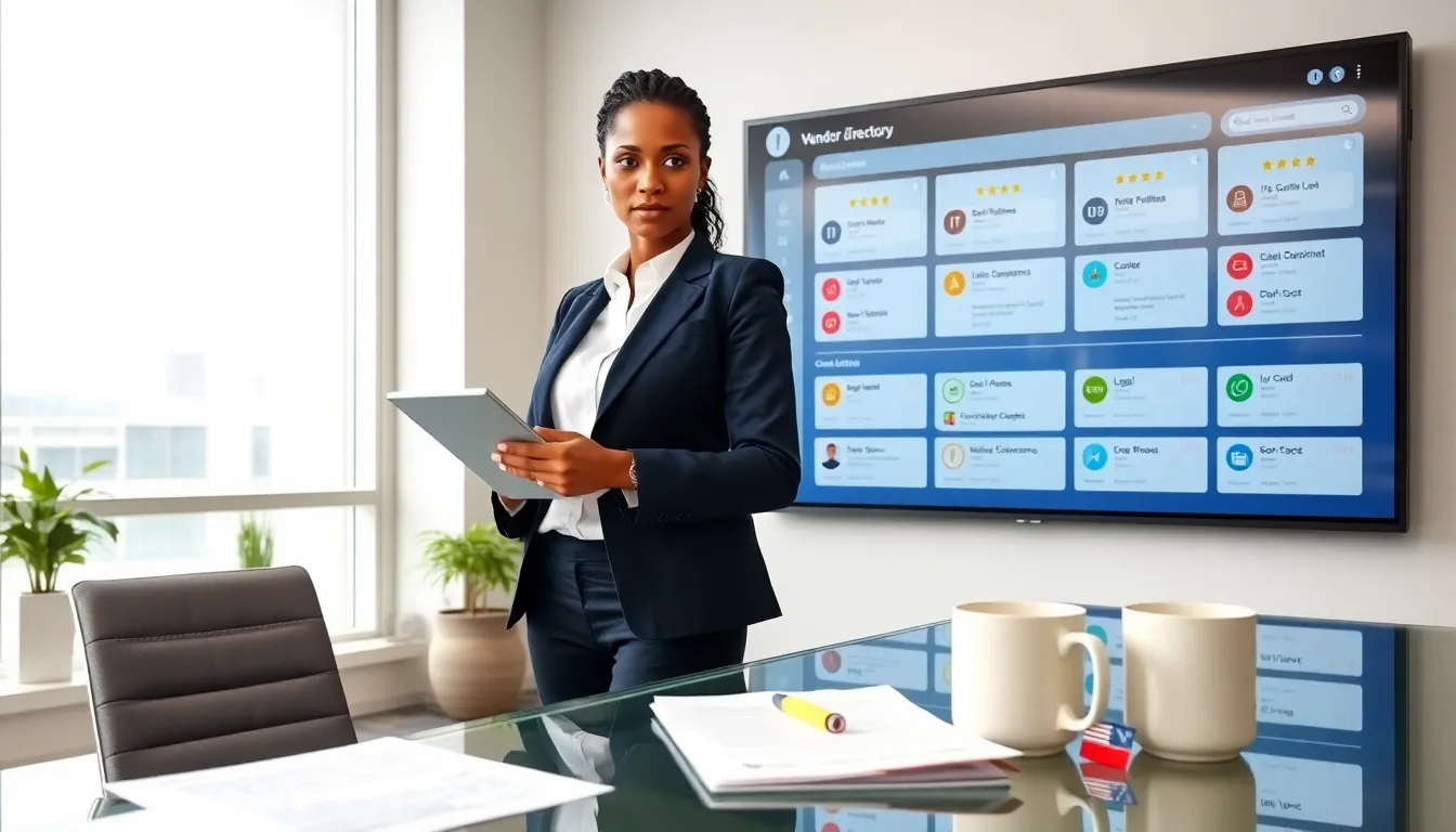 Procurement manager pointing at a touchscreen vendor directory in a modern office.