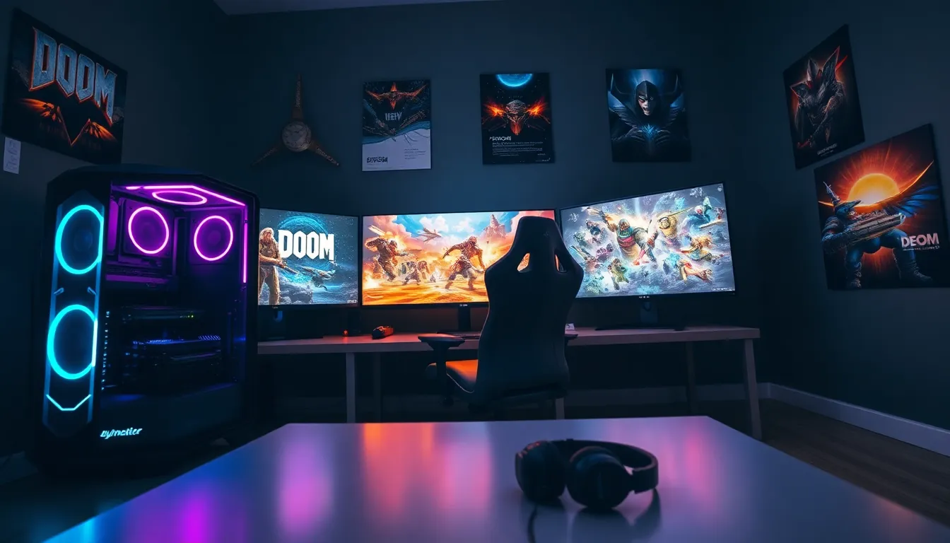A modern gaming setup with a powerful PC and multiple game monitors.