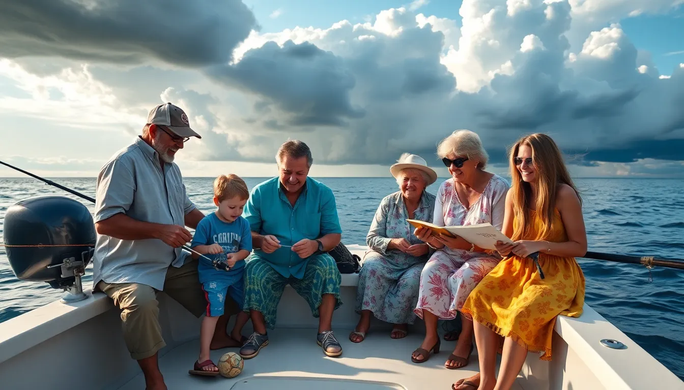multi-generational fishing family on a boat in the Gulf of Mexico.