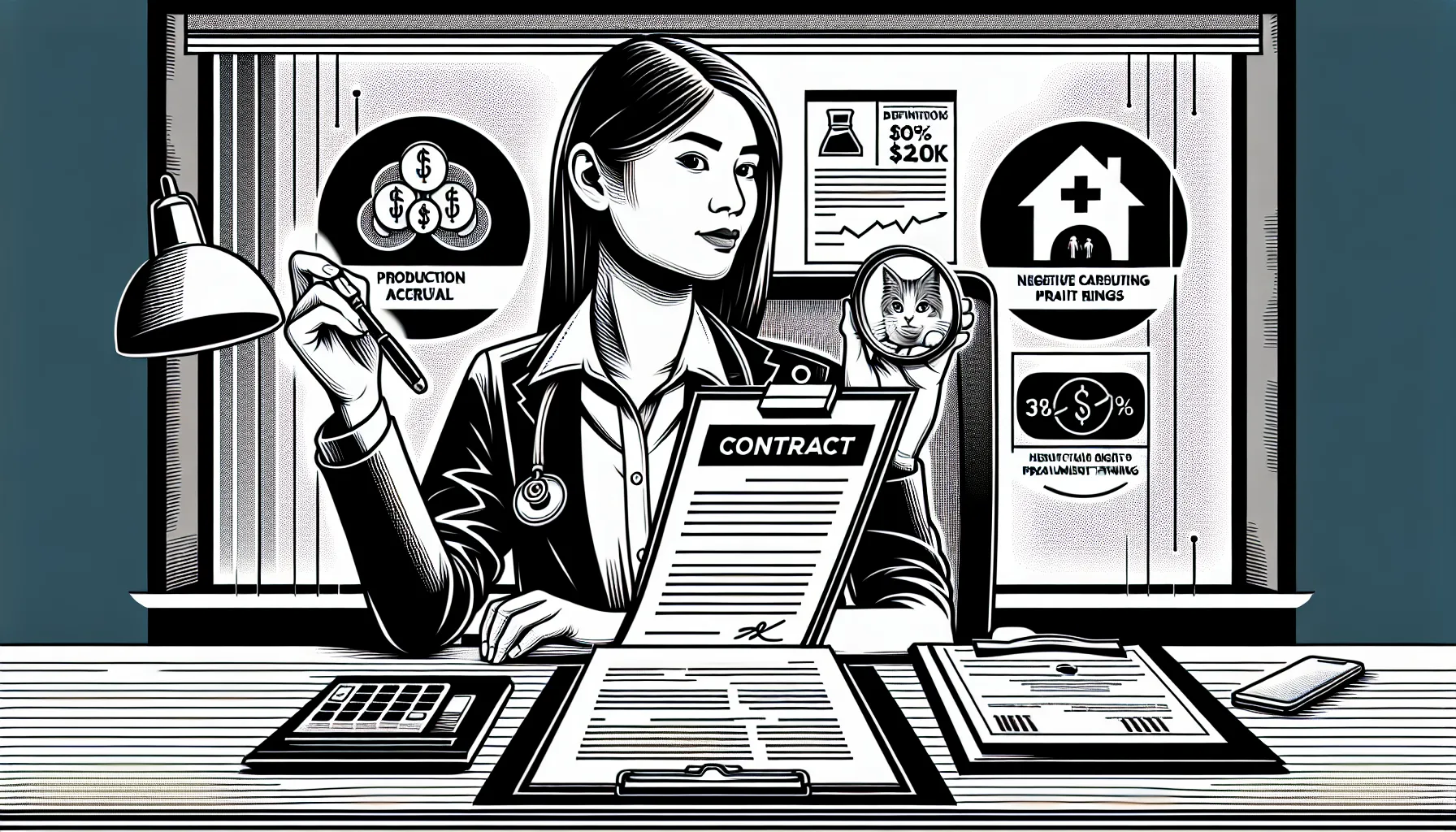 Veterinarian reviewing a contract with icons for production, negative accrual, and ProSal.