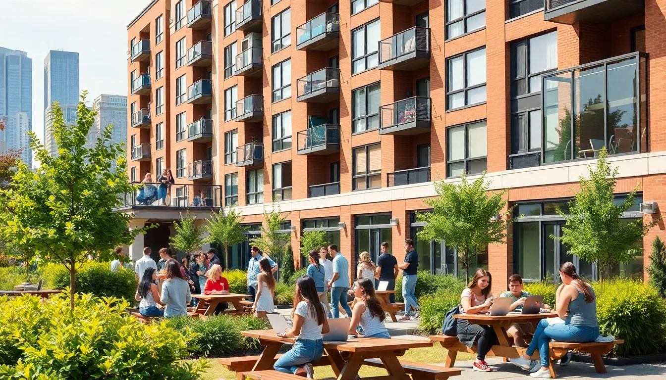 diverse students outside a modern apartment near Georgia State University.