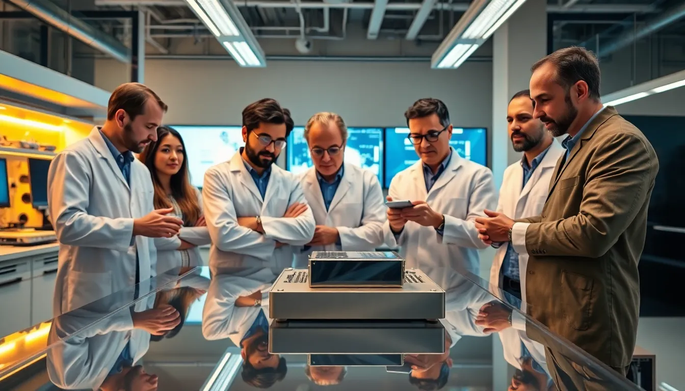 engineers collaborating over advanced Ymydz55 technology in a modern lab.